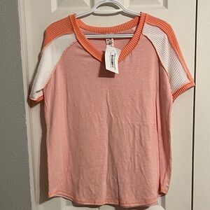 7th Ray Peach Pink Short Sleeve Tee with Coral Trim and White Panels